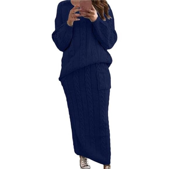 Women Winter Chunky Cable Knit Long Skirt 2 Piece Outfit Sweater Set - Navy Blue
